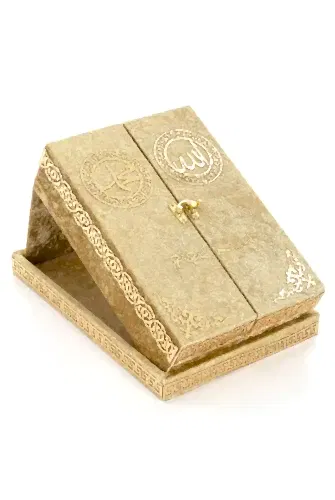 Masa Üstü Çift Kapaklı Kadife Kaplı Sandıklı Kuran Seti - Gold - ihvanonline (1)