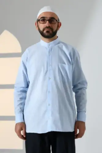 Mavi Erkek Bol Kesim Tek Cepli Hakim Yaka Hac ve Umre Keten Gömlek - ihvanonline (1)