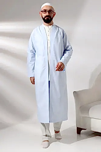 Mavi Erkek Namaz Elbisesi V Yaka Düğmesiz Önü Açık Namaz Cübbesi - ihvanonline (1)