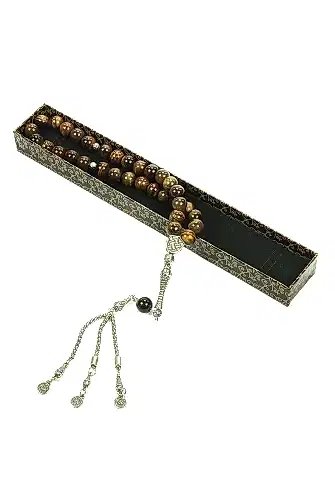 Metal Püsküllü Osmanlı Tuğrası Püsküllü Kaplan Gözü Doğaltaş Hediyelik Tesbih - 33lü - Küre Kesim - İhvan (1)