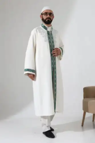 Nakış İşlemeli Hakim Yaka İmam Cübbesi, Çıt Çıtlı Cepli Namaz Cübbesi Yeşil Bordürlü - Krem 
