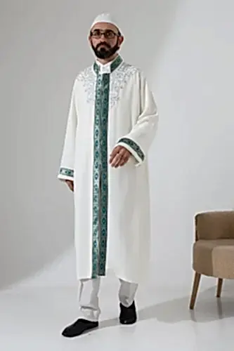 Nakış İşlemeli Hakim Yaka İmam Cübbesi, Çıt Çıtlı Cepli Namaz Cübbesi Yeşil Bordürlü - Krem - İhvan (1)