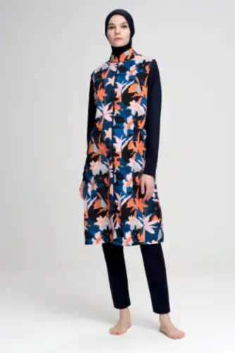 Nehar Turuncu Yaprak Desen Jileli Lacivert Tam Kapalı Tesettür Mayo NHR-22-15-22 