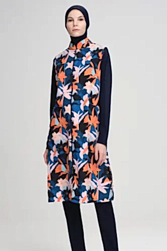 Nehar Turuncu Yaprak Desen Jileli Lacivert Tam Kapalı Tesettür Mayo NHR-22-15-22 - Haşema (1)