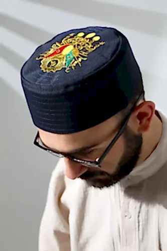 Osmanlı Arma Desenli Kalıp Kumaş Takke Lacivert - 1