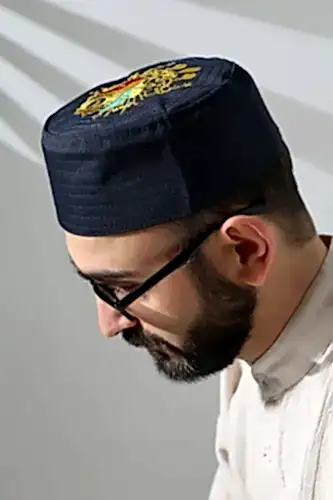 Osmanlı Arma Desenli Kalıp Kumaş Takke Lacivert - ihvanonline (1)