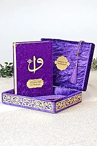 Özel Elif Vav Pleksi Süslemeli Hediyelik Kadife Kaplı Kutulu Kuranı Kerim Mor 