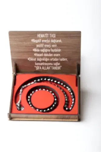 Özel Kutulu Doğal Hematit Taşı Tesbih ve Bileklik Seti - 1