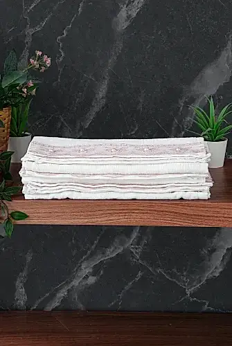 % 100 Pamuklu Kadife Güpürlü İnci Işlemeli 6 lı Çeyizlik El Yüz Havlu Seti - 30x50 cm - 04466 - Pembe - ihvanonline (1)