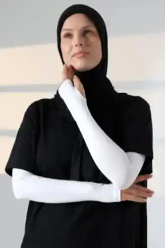 Parmak Geçmeli Kadın Penye Tesettür Kolluk - Beyaz 