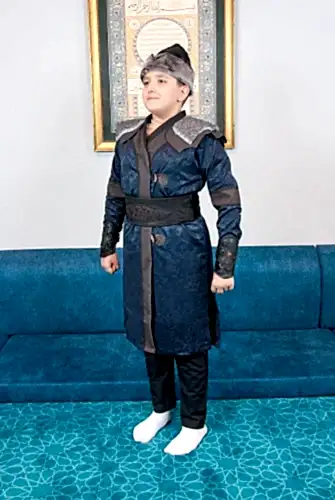 Peluş Kürk Detaylı Ertuğrul Erkek Çocuk Kostümü, Alp Kıyafeti Lacivert - 4