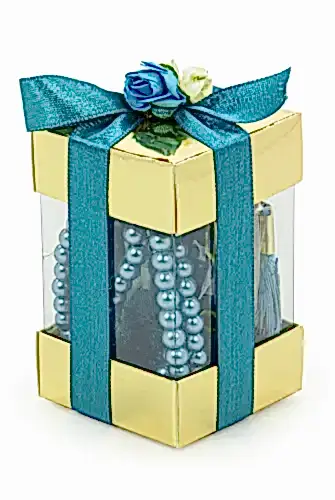 Pencere Kutulu Mini Kuran Seti - İnci Tesbihli - Pleksili - Mavi - ihvanonline (1)