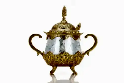 Porselenli Yuvarlak Kaşıklı Şekerlik Mavi Desenli Gold Renk - İhvan (1)