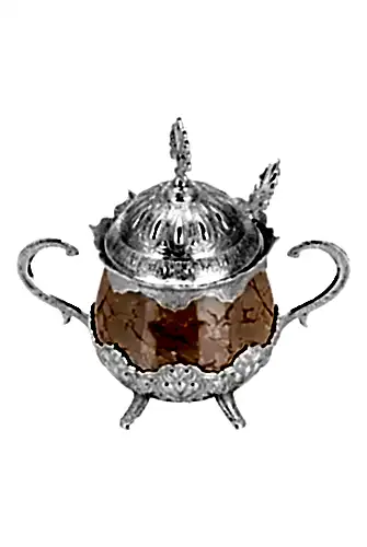 Porselenli Yuvarlak Kaşıklı Şekerlik Turuncu Desenli Gümüş Renk 