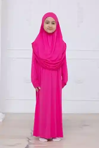 Pratik Başörtülü Çocuk Namaz Elbisesi, Tek Parça Çocuk Namaz Kıyafeti Fuşya 