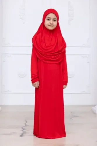 Pratik Başörtülü Çocuk Namaz Elbisesi, Tek Parça Çocuk Namaz Kıyafeti Kırmızı 