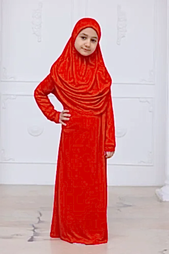 Pratik Başörtülü Çocuk Namaz Elbisesi, Tek Parça Çocuk Namaz Kıyafeti Kırmızı - ihvanonline (1)