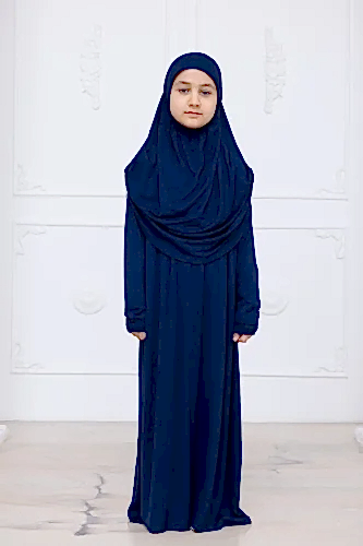 Pratik Başörtülü Çocuk Namaz Elbisesi, Tek Parça Çocuk Namaz Kıyafeti Lacivert 