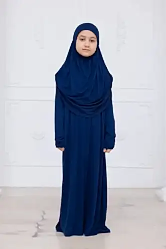 Pratik Başörtülü Çocuk Namaz Elbisesi, Tek Parça Çocuk Namaz Kıyafeti Lacivert - ihvanonline (1)