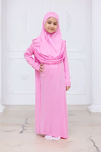 Pratik Başörtülü Çocuk Namaz Elbisesi, Tek Parça Çocuk Namaz Kıyafeti Pembe - ihvanonline (1)