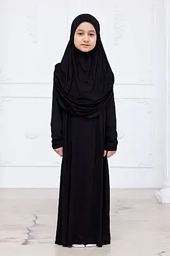Pratik Başörtülü Çocuk Namaz Elbisesi, Tek Parça Çocuk Namaz Kıyafeti Siyah 