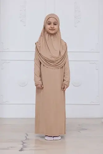 Pratik Başörtülü Çocuk Namaz Elbisesi, Tek Parça Çocuk Namaz Kıyafeti Vizon 
