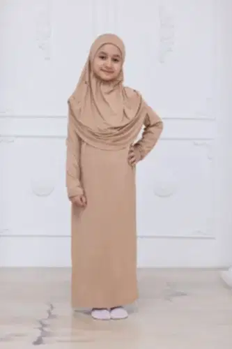 Pratik Başörtülü Çocuk Namaz Elbisesi, Tek Parça Çocuk Namaz Kıyafeti Vizon - ihvanonline (1)