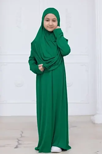 Pratik Başörtülü Çocuk Namaz Elbisesi, Tek Parça Çocuk Namaz Kıyafeti Yeşil 