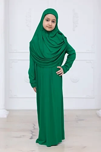 Pratik Başörtülü Çocuk Namaz Elbisesi, Tek Parça Çocuk Namaz Kıyafeti Yeşil - ihvanonline (1)