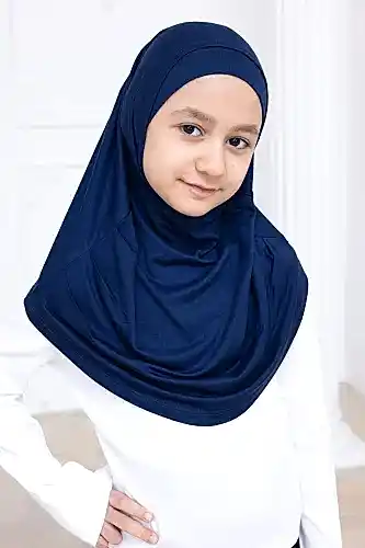 Pratik Hazır Geçmeli Çocuk Şal, Rahat Lastikli Hijab Başörtü Lacivert 