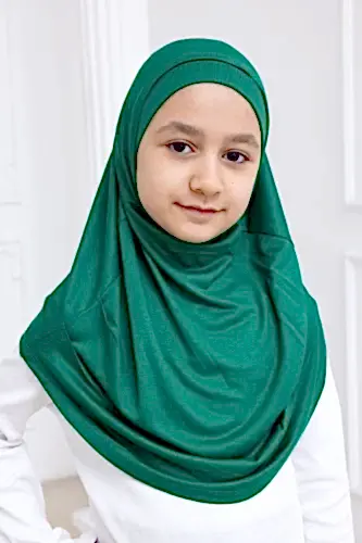 Pratik Hazır Geçmeli Çocuk Şal, Rahat Lastikli Hijab Başörtü Yeşil 