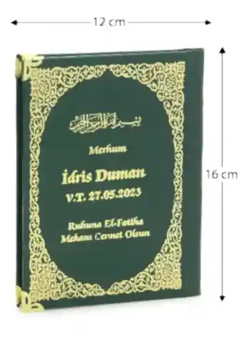 50 Adet İsim Baskılı Ayet-el Kürsi Desenli Yaldızlı Deri Ciltli Çanta Boy Yasin Kitabı Mevlüt Hediyesi 128 Sayfa Yeşil 