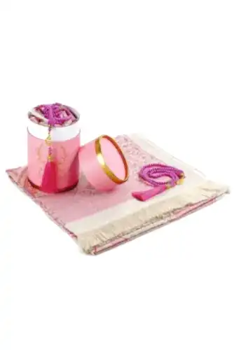 Seccadeli ve İnci Tesbihli Özel Silindir Kutulu Set Pembe Renk 