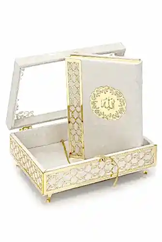 Şeffaf Pleksili Kadife Kaplı Sandıklı Çeyizlik Kuranı Kerim Seti - Krem 