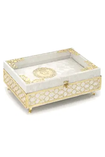 Şeffaf Pleksili Kadife Kaplı Sandıklı Çeyizlik Kuranı Kerim Seti - Krem - ihvanonline (1)