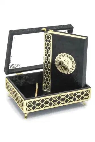 Şeffaf Pleksili Kadife Kaplı Sandıklı Çeyizlik Kuranı Kerim Seti - Siyah 