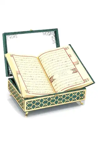 Şeffaf Pleksili Kadife Kaplı Sandıklı Çeyizlik Kuranı Kerim Seti - Yeşil - ihvanonline (1)