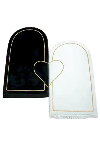 Sevgililer Gününe Özel Kalpli Çift Seccadesi - Süngerli Kadife Eşli Seccade Seti - Siyah Beyaz - ihvanonline (1)