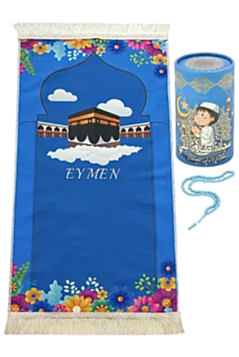 Silindir Kutulu Tesbihli İsme Özel Nakış İşlemeli Çocuk Seccade Seti Mavi 