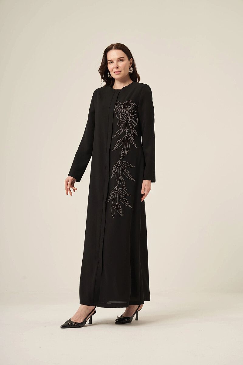 Si̇yah Beyaz Swarovski̇ Taş Detaylı Gi̇zli̇ Fermuarlı Tesettür Ferace 6158-25 Siyah - ihvanonline