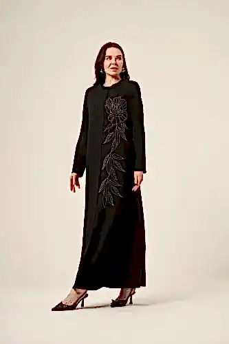 Si̇yah Beyaz Swarovski̇ Taş Detaylı Gi̇zli̇ Fermuarlı Tesettür Ferace 6158-25 Siyah - ihvanonline (1)