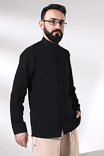 Siyah Çınar Erkek Rahat Kesim Hakim Yaka Hac ve Umre Şile Bezi Gömlek - ihvanonline (1)