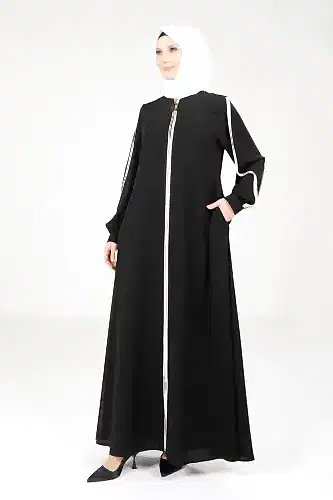 Siyah Fermuarlı Kolları Yırtmaçlı Beyaz Biyeli Spor Tesettür Ferace 9327-25 - Beyza (1)