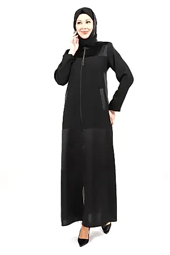 Siyah Fermuarlı Önden Cepli Garnili Kumaş Detaylı Tesettür Ferace 9208-25 - 1