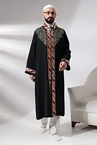 Siyah Hakim Yaka Erkek Namaz Elbisesi Şerit Nakış İşlemeli İmam Cübbesi - ihvanonline (1)