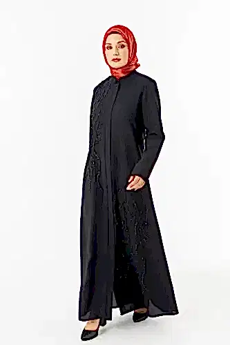 Siyah Hakim Yaka Fermuarlı Silikon Taş Baskılı Tesettür Ferace 5511-25 - Zerenay (1)