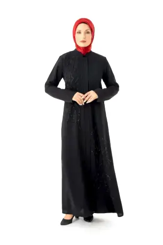 Siyah Hakim Yaka Fermuarlı Silikon Taş Baskılı Tesettür Ferace 5511-25 - 1