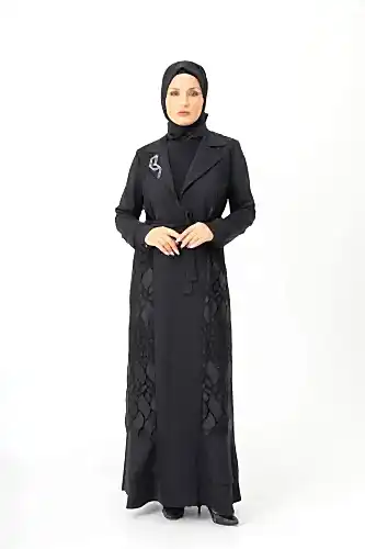 Siyah İki Parça Güpürlü Kemerli Abaya Zerenay 5509-25 - 1