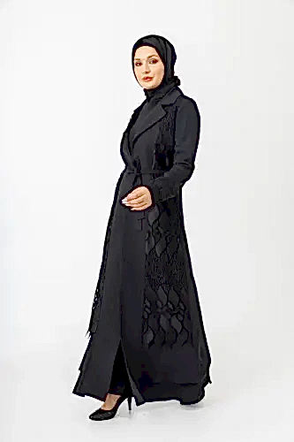 Siyah İki Parça Güpürlü Kemerli Abaya Zerenay 5509-25 - Zerenay (1)