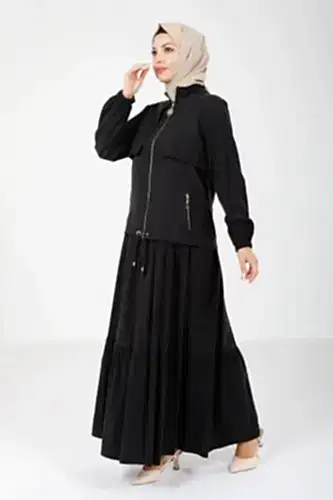 Siyah İki Parça Hakim Yaka Kolu Lastikli Ceketli Elbise 9102-25 - Beyza (1)